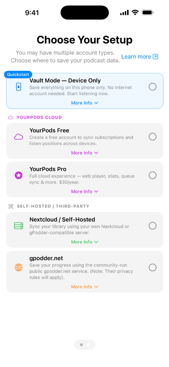 YourPods Choose Your Setup screen showing all account type options