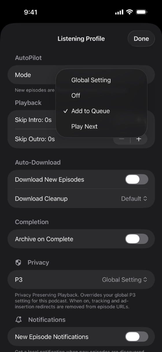 AutoPilot queue management and Listening Profile in YourPods (dark mode)