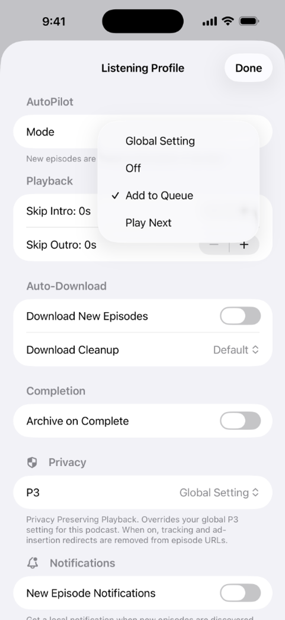 AutoPilot queue management and Listening Profile in YourPods (light mode)