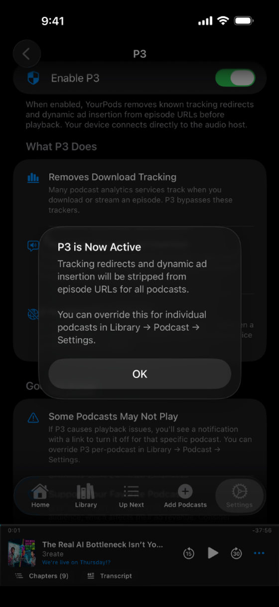 P3 Privacy Mode with green shield indicator in YourPods (dark mode)