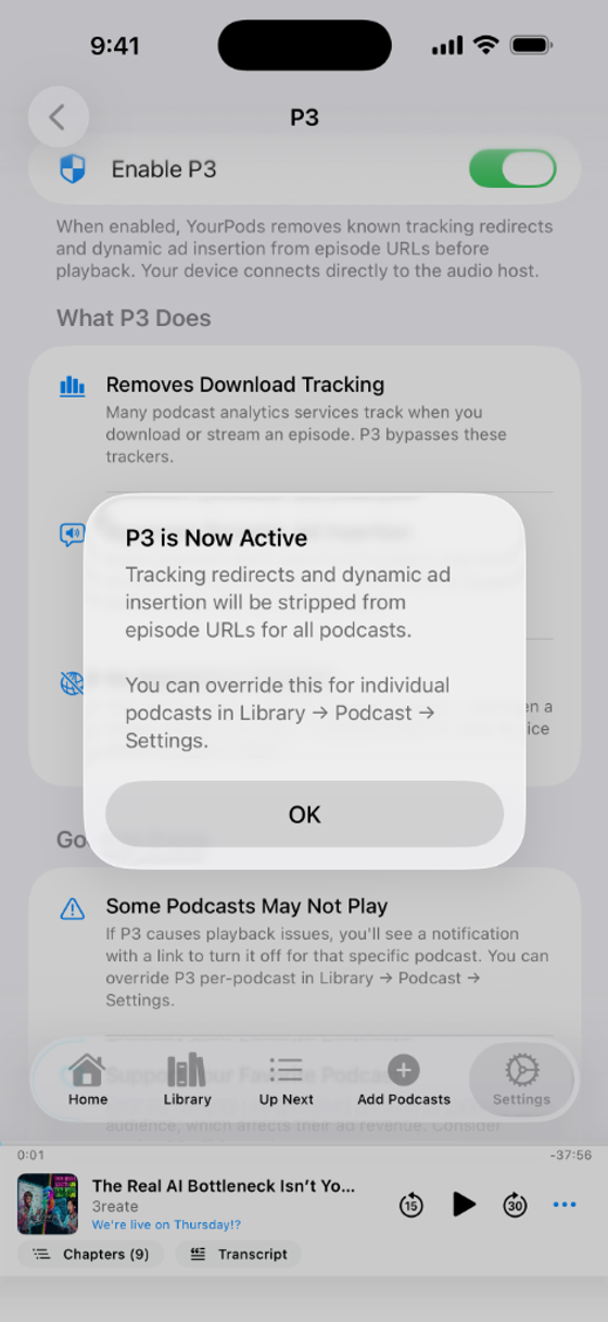 P3 Privacy Mode with green shield indicator in YourPods (light mode)